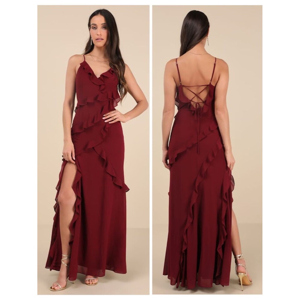 Lulus Fancy Sweetness Wine Red Ruffled Lace-Up Sleeveless Maxi Dress Size XL NWT